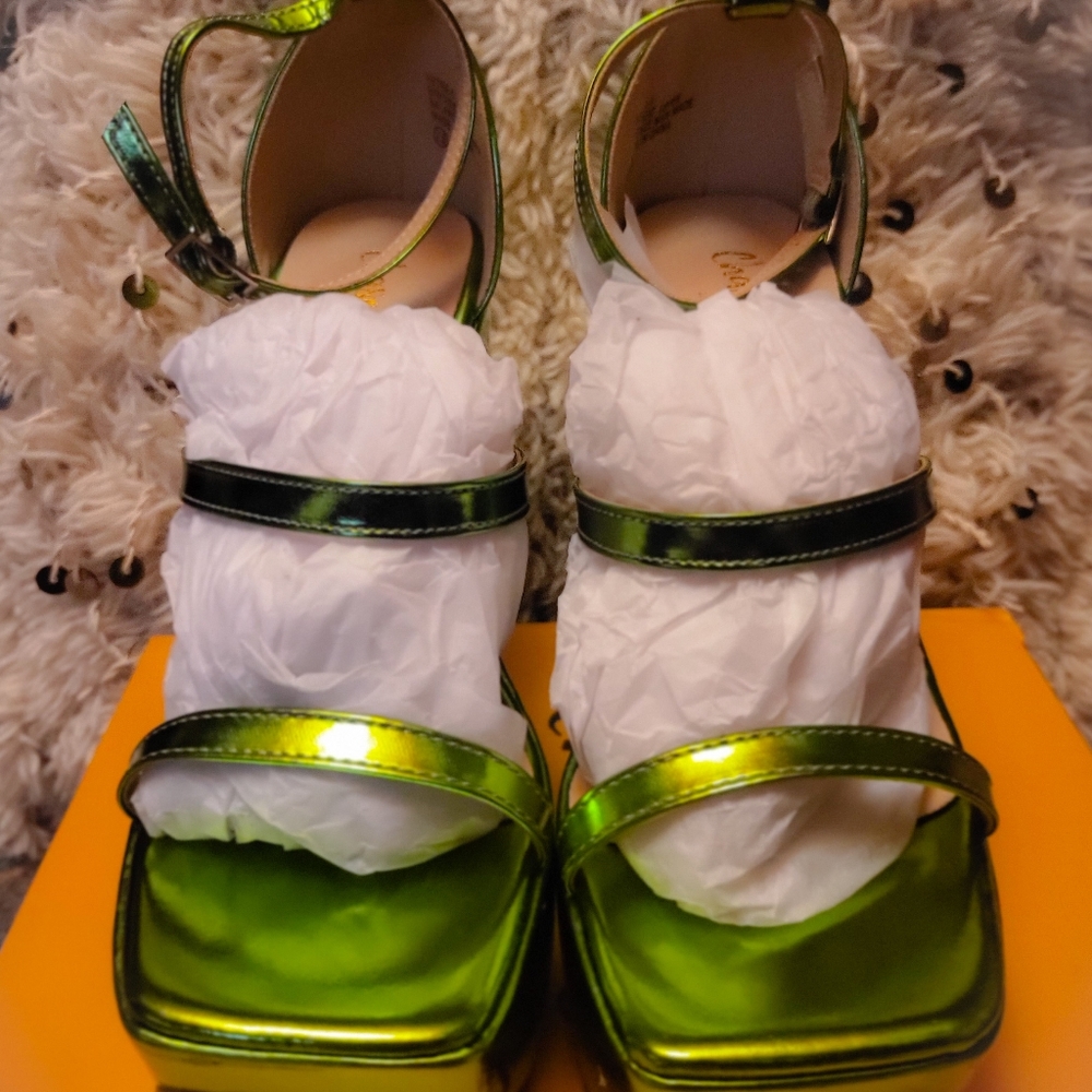 Chase + Chloe Iridescent Lime Green Platform Wedge Sandals - Picture 6 of 9